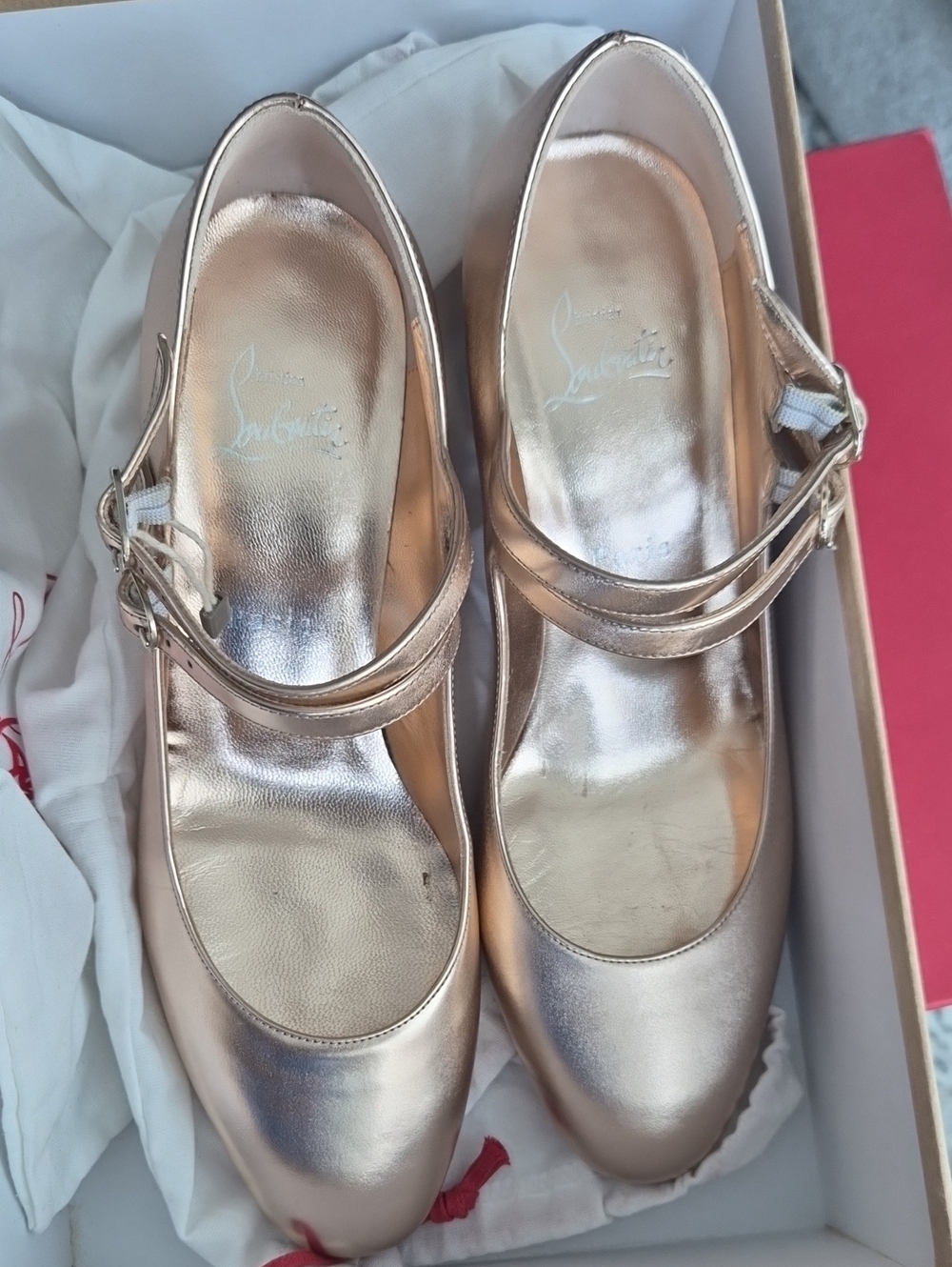 Christian Louboutin Metallic Rose Gold Double-Strap Mary Jane Flats Size 39